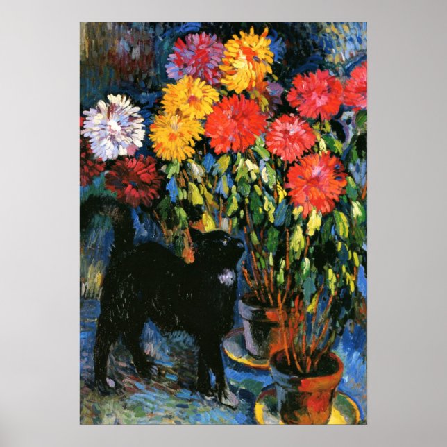 Dahlias and Black Cat, fine art painting Poster (Front)