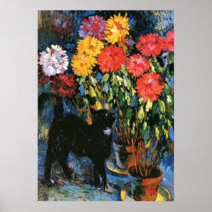 Dahlias and Black Cat, fine art painting Poster