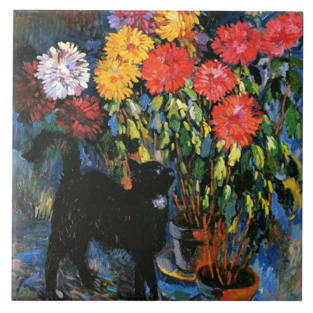 Dahlias and Black Cat, fine art painting, Tile (Front)