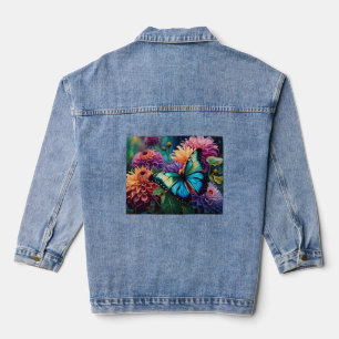 Dahlias And Iridescent Blue Green Butterfly Denim Jacket