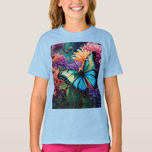 Dahlias And Iridescent Blue Green Butterfly T-Shirt