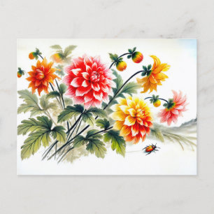 Dahlias Asian Ink Painting Holiday Postcard