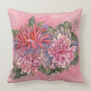 Dahlias flowers pink watercolor pattern cushion