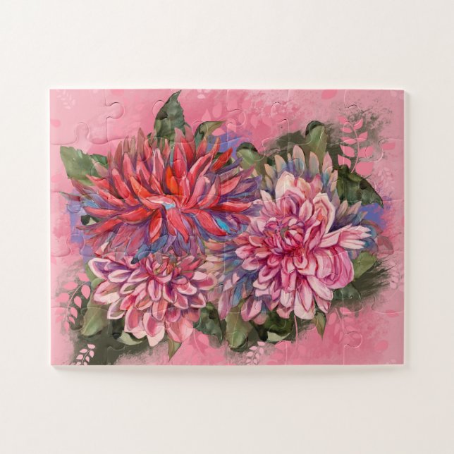 Dahlias flowers pink watercolor pattern jigsaw puzzle (Horizontal)