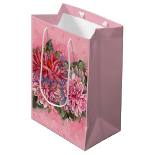 Dahlias flowers pink watercolor pattern medium gift bag