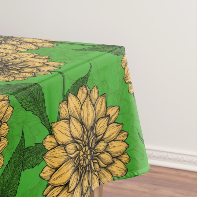 Dahlias in yellow and green tablecloth (In Situ)
