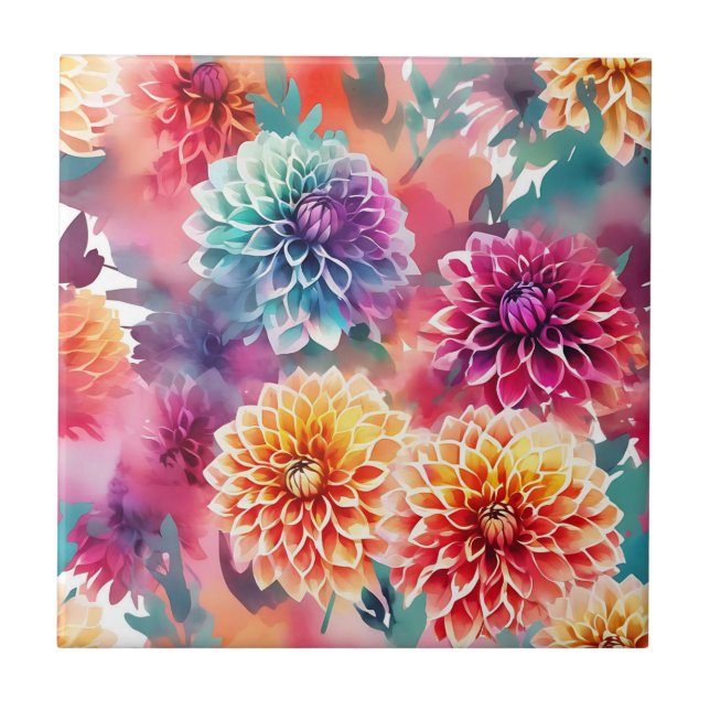 Dahlias Watercolor Floral Tile (Front)
