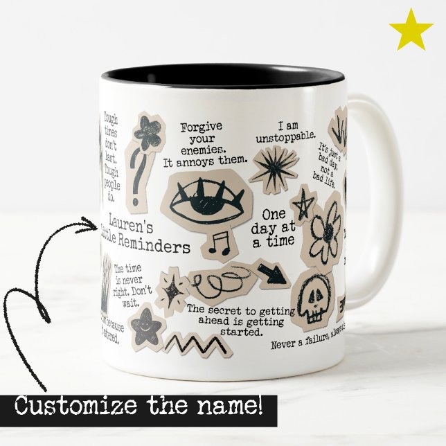 Daily Affirmation Doodle Sticker Custom Name Quote Two-Tone Coffee Mug (Creator Uploaded)