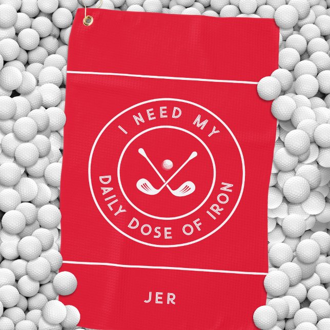 Daily Dose of Iron Monogram Red  Golf Towel (Cute Red Golfer Humor Golf Iron Sports Equipment Golf Towel)