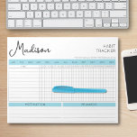 Daily Habit Tracker Motivational Blue Script Name  Notepad<br><div class="desc">Create a habit list to build good habits & healthy lifestyle with this custom habit tracker. Personalise with name and your own quote at the bottom, or keep the motivational quote currently there. How does it work? Circle the month your tracking, write the habits you're working on, then check off...</div>