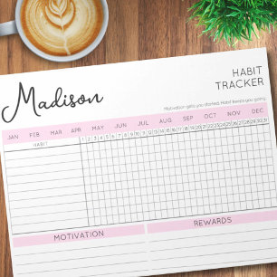 Daily Habit Tracker Pink Motivational Script Name Notepad