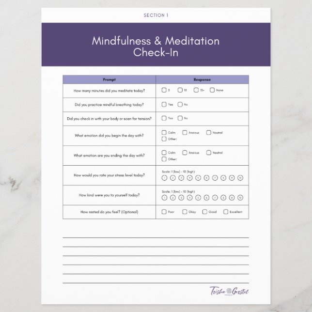 Daily Mindfulness and Meditation Check-In Sheet (Front)