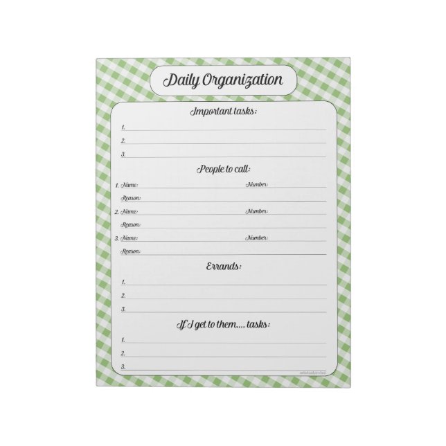 Daily Organisation - Green Gingham Notepad (Rotated)