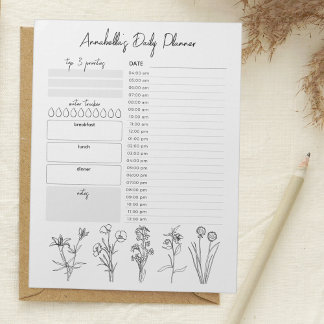Daily Planner Hourly To Do List Black White Floral Notepad