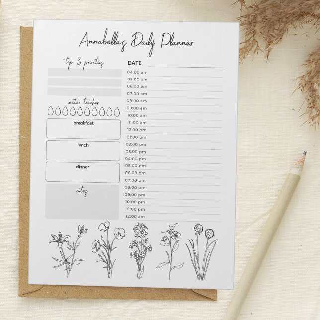 Daily Planner Hourly To Do List Black White Floral Notepad (Creator Uploaded)