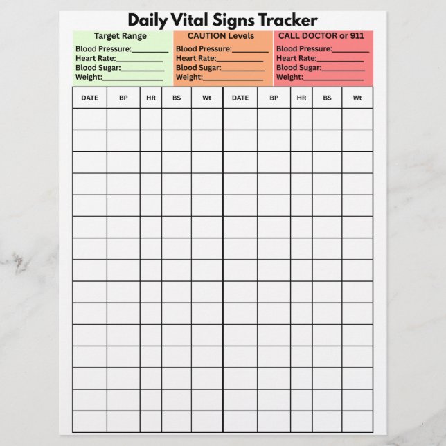 Daily Vital Signs Log Diary Patient Education Flyer (Front)