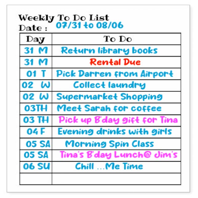 Daily Weekly To Do List Planner Reminders Schedule Rubber Stamp (Custom to Weekly To Do)