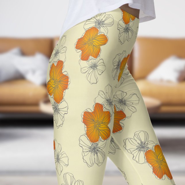 Daintly Lemon Yellow Triple Bloom Floral Pattern Leggings (Triple Bloom on Lemon Chiffon)