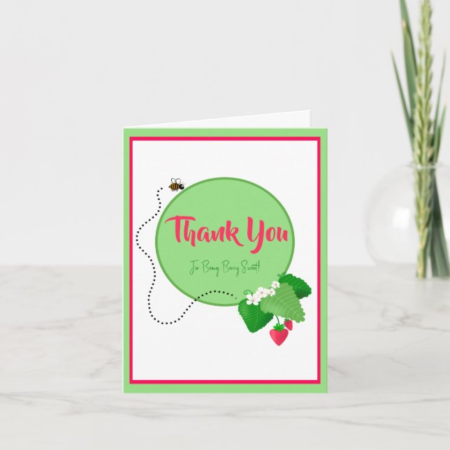 Dainty Berry Sweet Strawberry 1st Birthday Girl Thank You Card (Front)