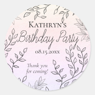 Dainty Black Floral Outlines Pink Birthday Party Classic Round Sticker