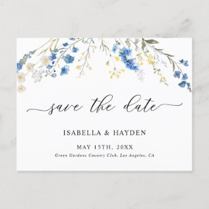 Dainty Blue Wild Flowers Navy Floral Save The Date Announcement Postcard
