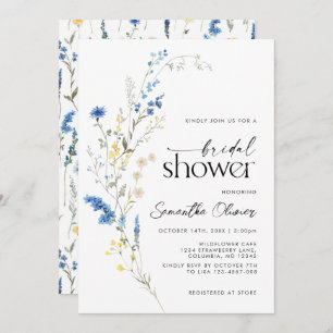 Dainty Blue Wild Flowers Simple Navy Bridal Shower Invitation