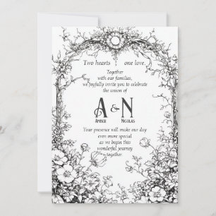Dainty Botanical Rustic, Black & White Invitation