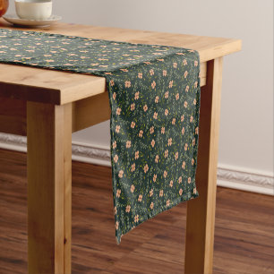 Dainty Ditsy Watercolor Floral Dark Green Pattern Short Table Runner