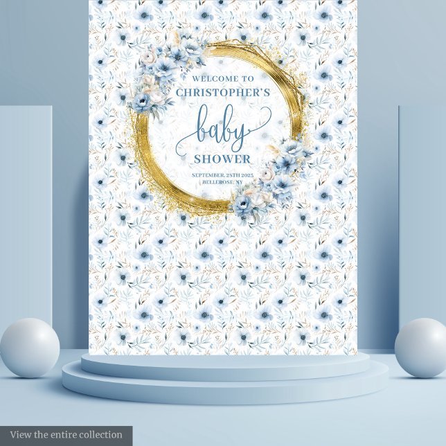 Dainty dusty blue flowers gold baby shower banner tapestry (Dainty dusty blue flowers gold baby shower banner tapestry)