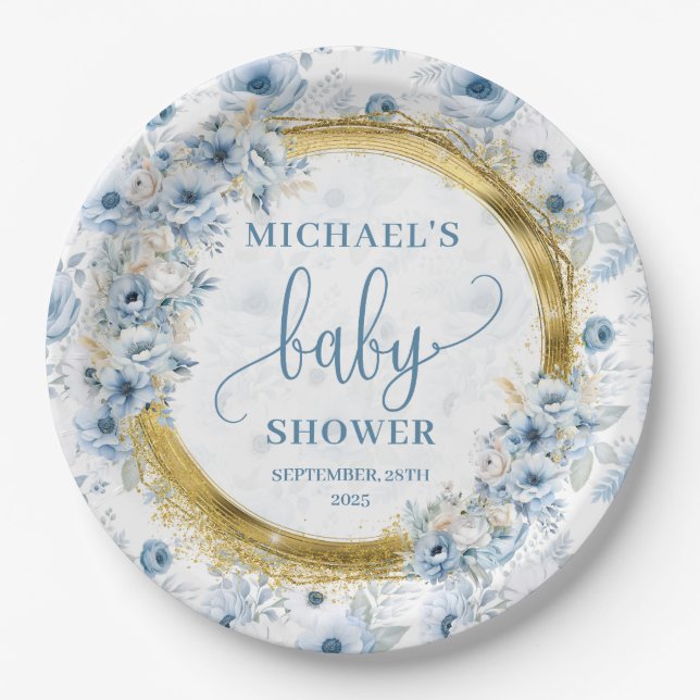 Dainty dusty blue watercolor flowers gold baby  paper plate (Front)