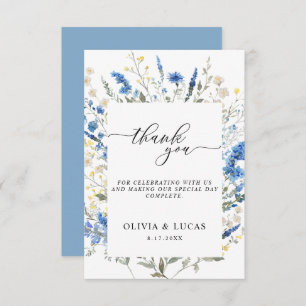 Dainty Dusty Blue Wild Floral Navy Rustic Wedding Thank You Card