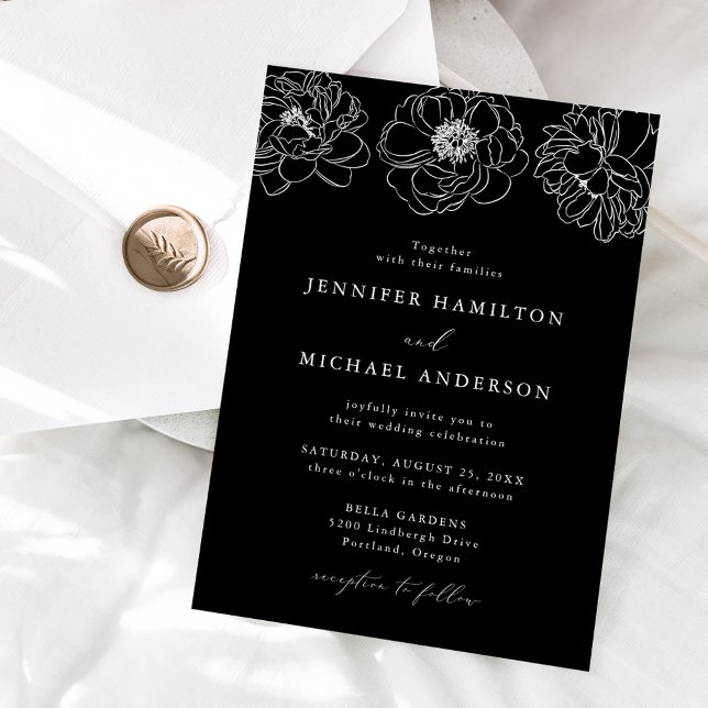 Dainty Floral Black and White Wedding Invitation (Creator Uploaded)