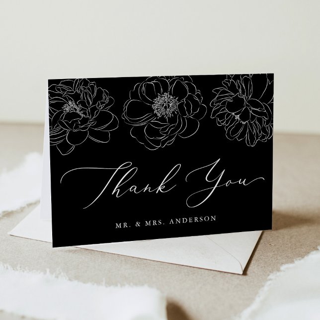 Dainty Floral Black and White Wedding Thank You Card (Creator Uploaded)