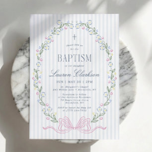 Dainty Floral Bow Blue Baptism Invitation