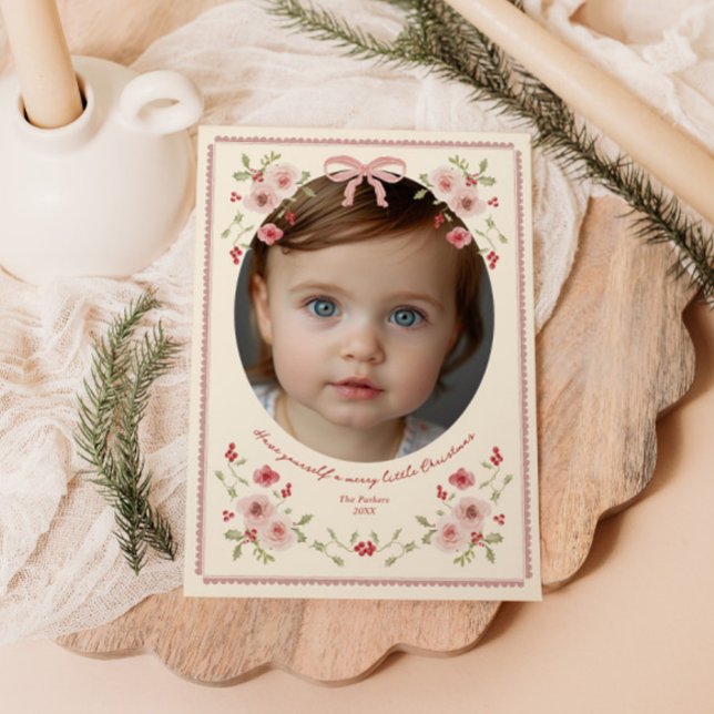 Dainty Floral Frame Christmas Photo Holiday Card (Creator Uploaded)