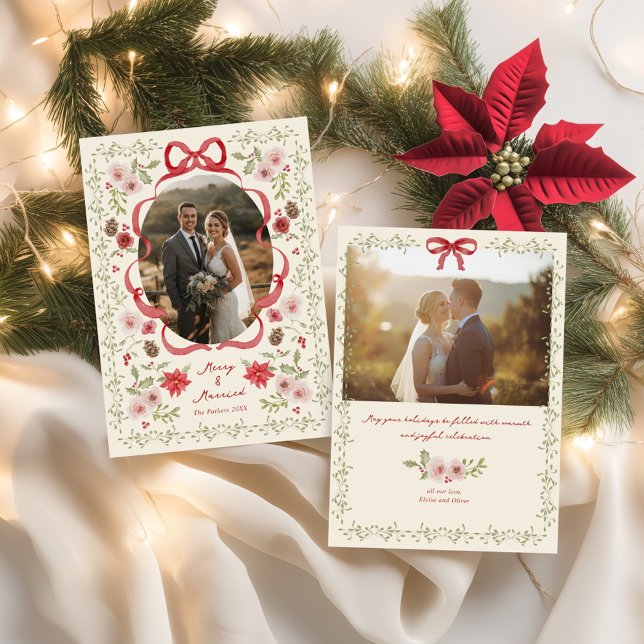 Dainty Floral Merry Married Christmas Photo Holiday Card (Creator Uploaded)