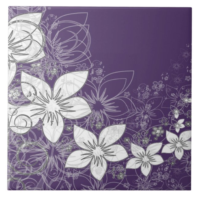 Dainty Floral Scroll on Plum  Ceramic Tile (Front)