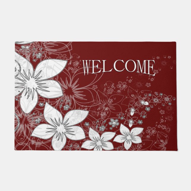 Dainty Floral Scroll on Red Doormat (Front)