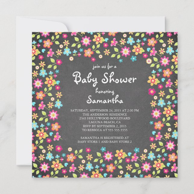 Dainty Flowers Chalkboard Baby Shower Invitations (Front)