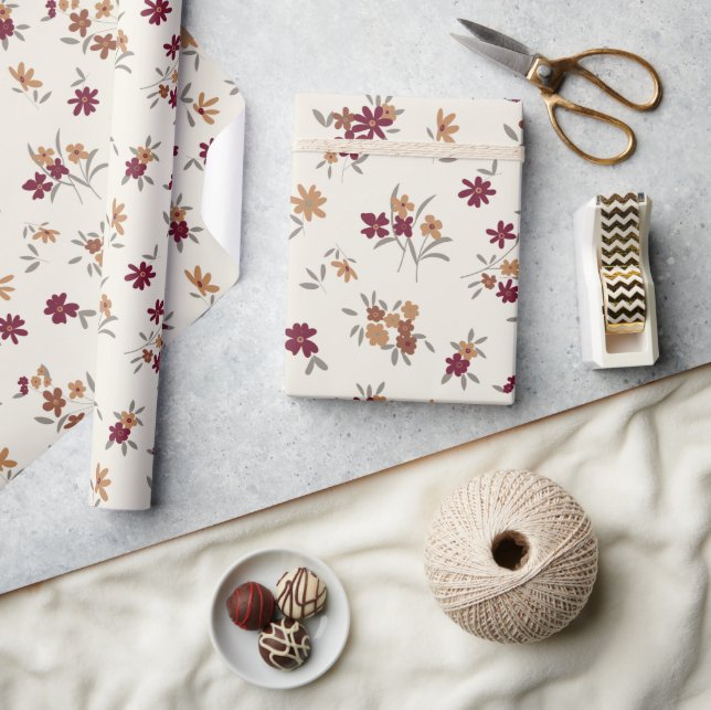 Dainty Gold Maroon Floral Pattern Wrapping Paper (Crafts)