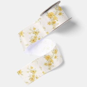 Dainty Golden Yellow Vintage Floral Pattern Satin Ribbon