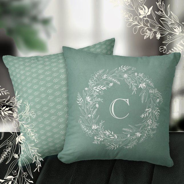 Dainty green leafy circle letter C Cushion (Creator Uploaded)