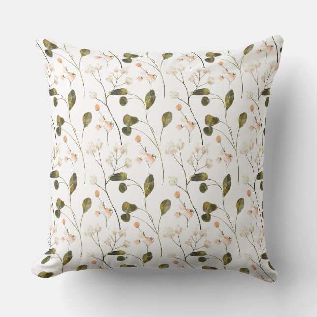 Dainty Meadow Peach and Green Wildflowers Cushion (Front)