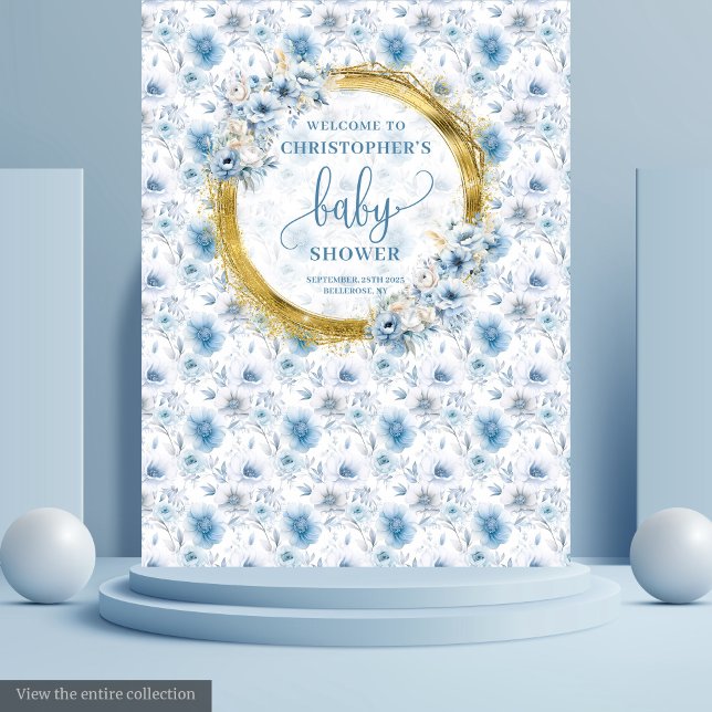 Dainty Pastel Blue Gold Floral Baby Shower Banner Tapestry (Dainty Pastel Blue Gold Floral Baby Shower Banner Tapestry)