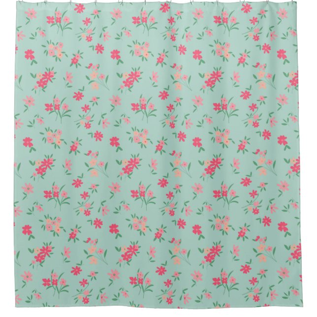  Dainty Pink Illustrated Flowers On Teal Shower Curtain (Front)