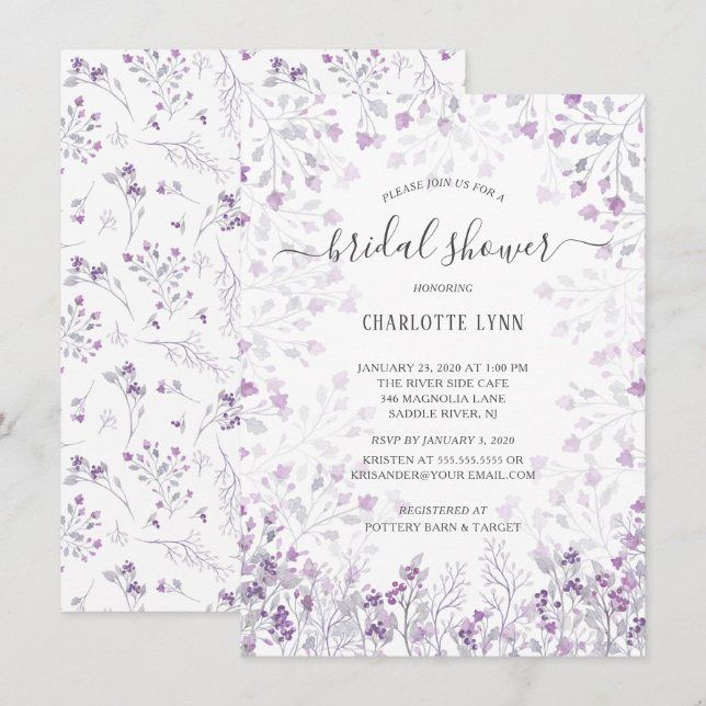 Dainty Purple Watercolor Flowers Bridal Shower Invitation (Front/Back)