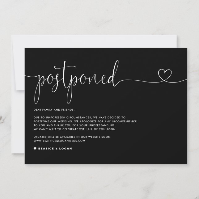 Dainty Script Black Wedding Postponement Announcement (Front)