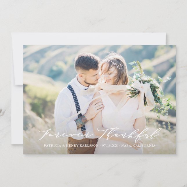 Dainty Script Forever Thankful Wedding Thank You Card (Front)
