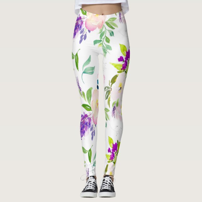 Dainty Watercolor Flowers | Peonies and Wisterias Leggings (Front)