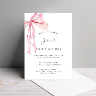 Dainty Watercolor Pink Bow 16th Birthday Invitation